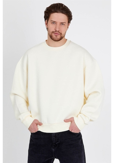 JAHR MARC Basic Oversize Krem Rengi Erkek Sweatshirt Krem