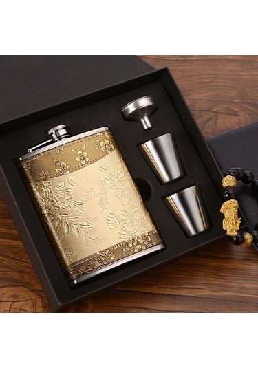 Sones Taşınabilir Paslanmaz Çelik Şarap Kadehi Hunili Cep Matarası Seti, Stil: 8oz Sarı Çiçek Desenli Çekirdek