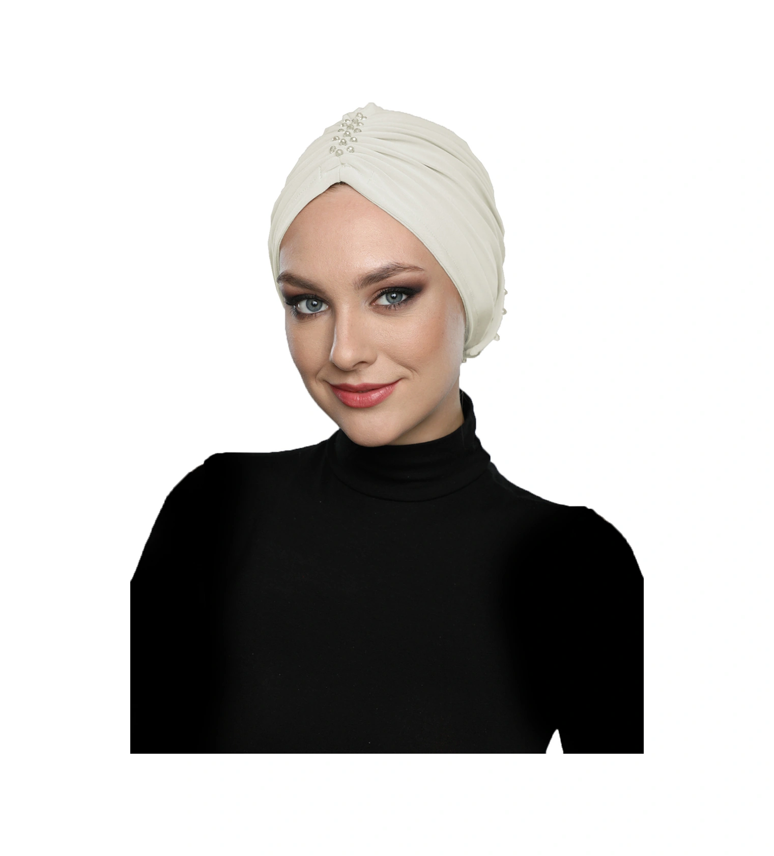 Kristal Yelpaze Taş Işlemeli Çift Taraflı Astarlı Krem Hazır Türban Tesettür Abiye Bone Krem