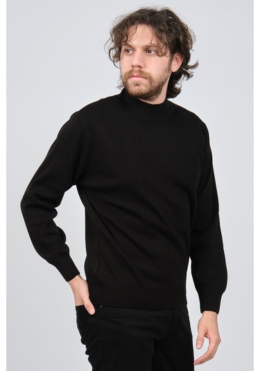 Ateş Triko Erkek Yarım Balıkçı Yaka Düz Kazak 6091024 Siyah Siyah