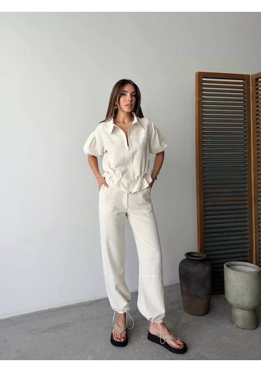 Keten Tam Fermuarlı Kısa Kollu Gömlek Pantolon İkili Takım - Beyaz Beyaz