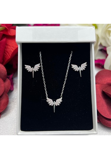 Pembe Melek Kanadı Kadın 2'li Setii 925 Ayar Gümüş Rodyumlu Zirkon Taşlı Gümüş