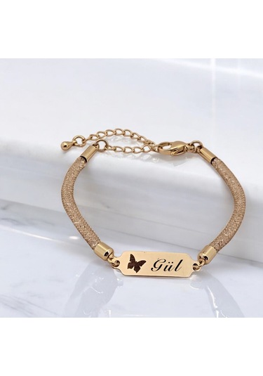 Archin Gül İsmine Özel 14 Ayar Altın Plakalı Hasır Kordonlu Kelebek Motifli Hediye Bileklik-647isim Gül