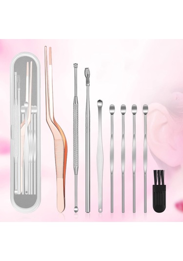 Profesyonel Paslanmaz Çelik Kaşık Kulak Temizleyici Set 9 Adet
