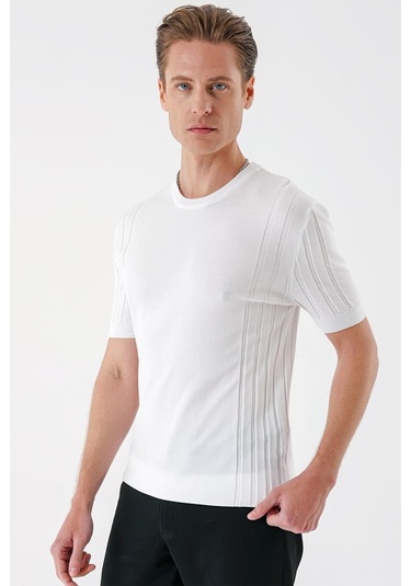 Slim Fit Bisiklet Yaka Kısa Kol Beyaz Triko Tr 869 Beyaz