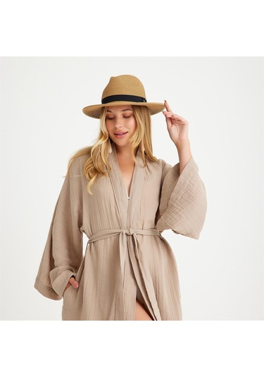 Pamuklu Dokuma Beli Kuşaklı Maxi Kadın Kimono Kaftan - Small Medium Bej