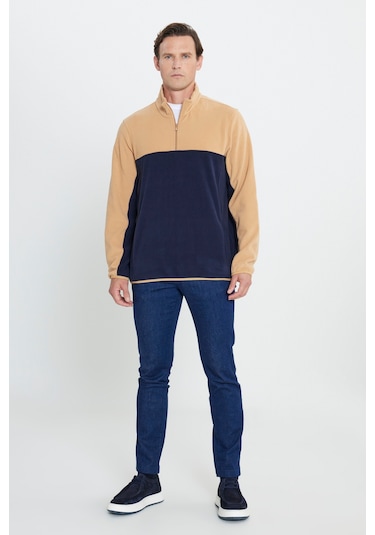 AC&Co / Altınyıldız Classics Erkek Karamel-lacı Standart Fit Dik Yaka İçi Polarlı Çift Renk Polar Sweatshirt Lacivert