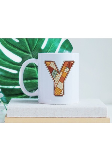 Y Harfi Sonbahar Kış Temalı Yamalı Tasarım Kupa Bardak - Etnik Ve Pathwork Severlere Özel Hediye Beyaz