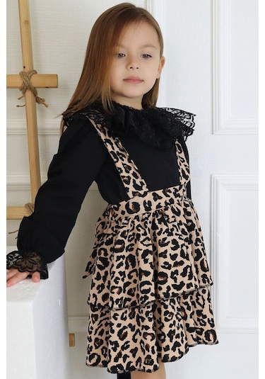 Kız Çocuk Helen Leopar Askılı Kat Kat Bağlama Jile Elbise Dantel Detay  Uzun Kollu Bluz Takım