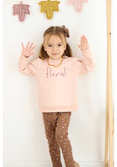 Kız Çocuk Floral Nakışlı İki İplik Kumaş Taytlı Takım Toka Dahildir. Açık Pembe