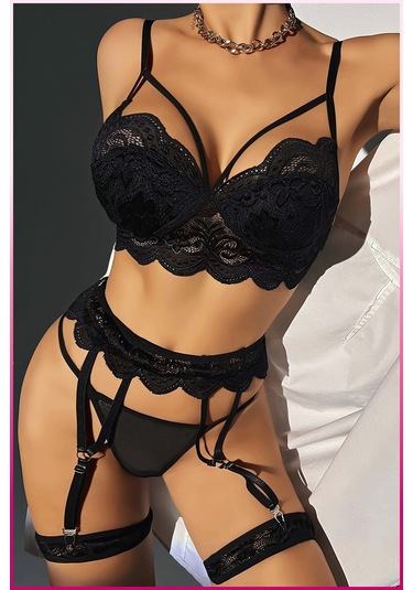 Kadın Siyah Dantel Detaylı Jartiyer Takım Çok Renkli