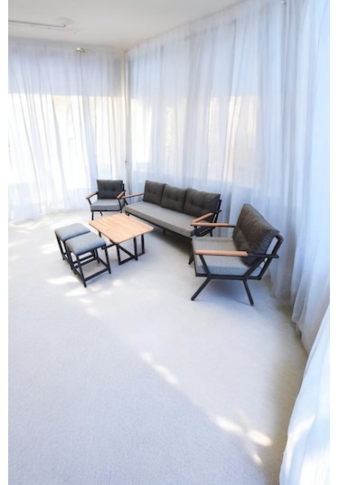 Pilocca Bahçe Balkon Mobilyası Gri Antrasit 3+1+1 Sehpa 2 Gri Puf Antrasit - Gri