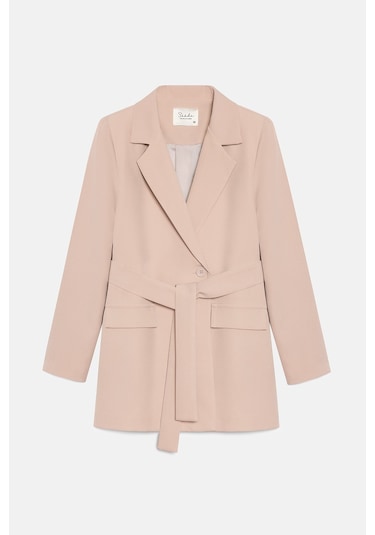 Sââde Kadın Tek Düğmeli Dokuma Kruvaze Blazer Ceket - Kuşaklı Taş