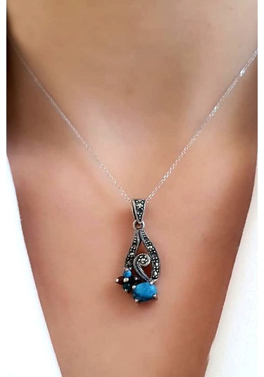 Turkuaz Taşlı 925 Ayar Gümüş Markazit Taş Detaylı Kolye