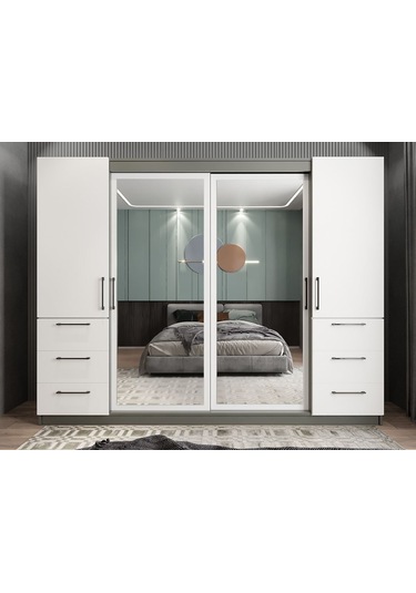 Bella Sürgü Kapaklı Dolap Gardırop Füme Beyaz 270cm- Montaj Dahil