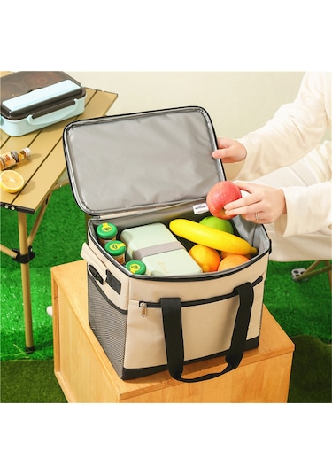 Yifomall 30l Büyük Kapasiteli Oxford Kumaş Soğutma Çantası, Isı Yalıtımı, Su Geçirmez, Piknik, Kamp Ve Araç İçin, Çift Taraflı Mesh Cep Ve Ön Zipli Cep Bej