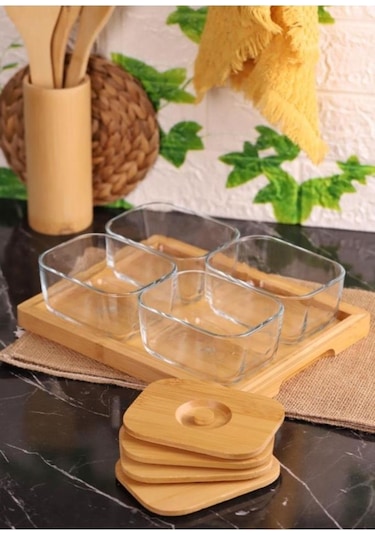 Bambum Krosna Plus Bambu Kapaklı Tepsili Cam Kahvaltı Seti 9 Parça Ahşap - Şeffaf