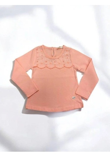 Kız Çocuk Çiçek Detaylı Pamuklu İnce Uzun Kollu Bluz-14829 Pembe