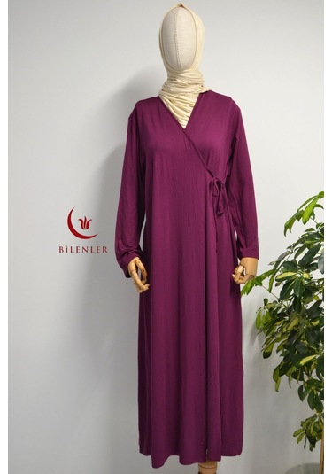 Kadın Yandan Bağlamalı Pamuklu Penye Namaz Elbisesi 38-48 Beden Mor