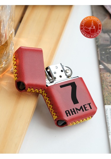 Hakiki Deri Kılıflı Sarı Kırmızı Taraftar Benzinli Çakmak
