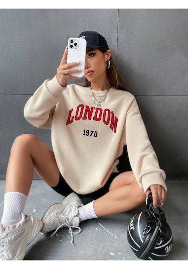 Altamira Unisex Bej London Baskılı Bisiklet Yaka Oversize Sweatshirt 001