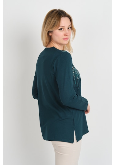 Detay Triko Kadın Taş Detaylı Desenli Yanları Yırtmaçlı Uzun Kol Anne Bluz 5741 Zümrüt Zümrüt