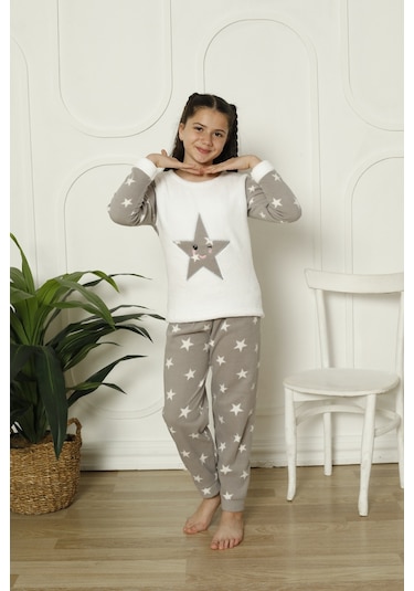 Fames Pijama Kişlik Polar Yildizli Çocuk Pijama Takim Beyaz