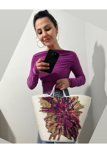 Hasır Çanta, Plaj Çantası, Tasarım Çanta, Pembe Mor Desenli El Çantası Ekru