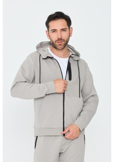 White Stone Bej Kapüşonlu Fermuarlı Erkek Sweatshirt Khaık