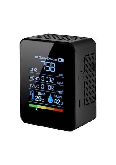 Springsun Siyah Beşlü Hava Kalitesi Testeri - Co2, Hcho, Tvoc, Sicaklık Ve Nem Ölçer - Portatif Elektrokimyasal Algılayıcı