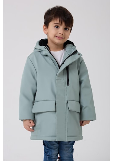 Erkek Çocuk Kürklü Su Ve Rüzgar Geçirmez Kapüşonlu 3 Kışlık Mont & Kaban & Parka Mint Yeşil