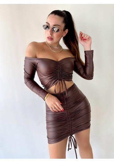 Kadın Büzgülü Deri Etek Takım Fırsat Ürün Çok Renkli