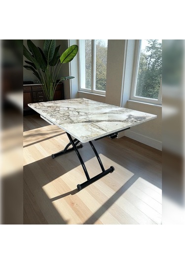 Ortadan Açılır Akıllı Masa Üst Mdf Beyaz Mermer Alt Ayak Siyah