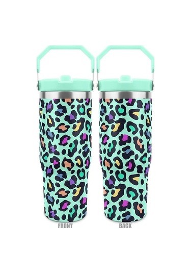 Trendooze Yeşil Leopar Desenli 30 Oz Paslanmaz Çelik Termos Çift Katmanlı Vakum Yalıtımlı Sızdırmaz Kapak Taşıma Saplı Kampçılı Yeşil