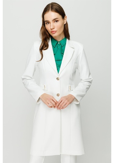 Aksesuar Detaylı Uzun Ceket Pantolon Takım Ekru-ekru Ekru