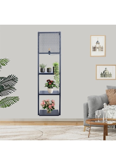 Kitaplıklı Aplik Duvar Rafı Ve Lambader Siyah Raflı Siyah