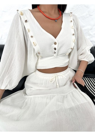 Midyeli V-yaka Bağlamalı Crop Dizaltı Etek Bluz Sahil 2li Takım Beyaz