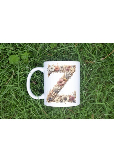 Z Harfi Çiçek Desenli Kupa Bardak - Alfabe Harfleri İle Doğal Çiçekli Kupa - Hediye Fikir Beyaz