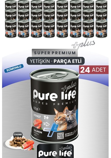 Purelife Plus 24'lü Somonlu Yetişkin Konserve Chunk Parça Etli Yaş Mama 400 G