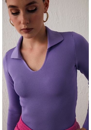 Sateen Polo Yaka Triko - Lila-132055 Lila