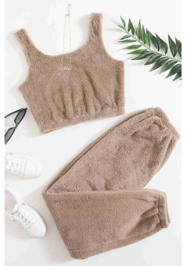 Merry See Kolsuz Askılı Peluş Polar Alt Üst Pijama Takımı Kahverengi 001