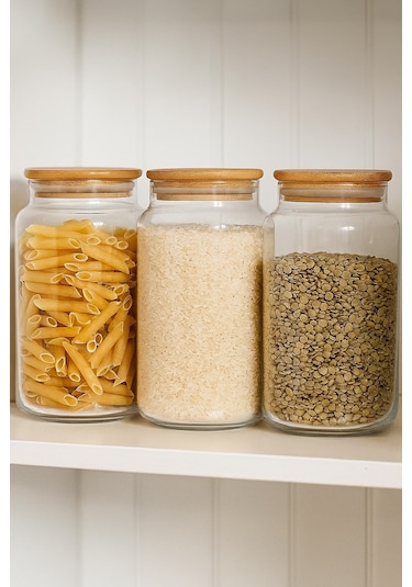 Qerhome 3 Adet Borosilikat Cam Bambu Kapaklı Cam Erzak Kavanozu 3 Litre Şeffaf