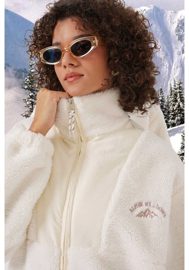 Gabria Baskılı Fermuarlı Peluş Mont Ekru