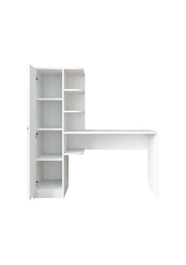 Roma Raflı Çalışma Masası , Çalışma Ofis Masası Sol Dolaplı Beyaz Mat Beyaz
