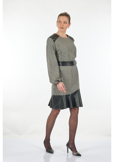 Unique Mode Yuvarlak Yaka Deri Detaylı Siyah Kadın Elbise Uw23350 001