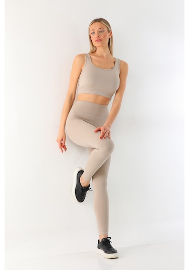 Kallima Bej Toparlayıcı Yüksek Bel Fitilli Spor Tayt-crop Takım