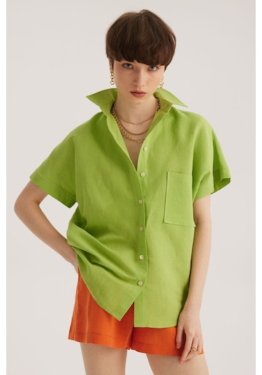 Stella Pulvis Yeşil Keten Karışımlı Tek Cep Düşük Kol Gömlek Yeşil