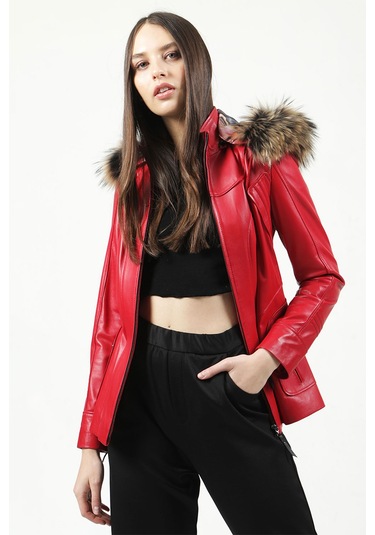 Dericlub Mistral Kadın Kapüşonlu Hakiki Deri Kaban B.kırmızı B.kırmızı Kırmızı