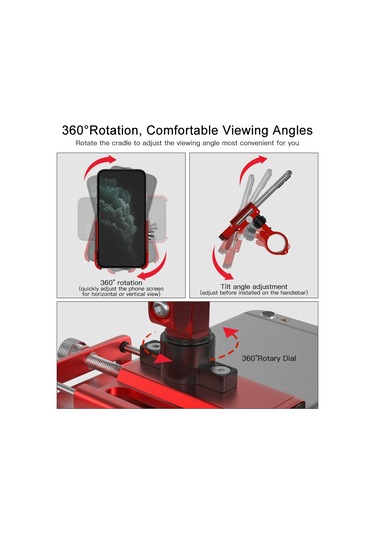 Shineyee Gub P30 Cnc Alüminyum Bisiklet Telefon Tutucu 360 Döner 60-100mm Genişlik Ayarı Kırmızı Kırmızı