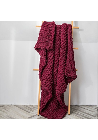 Sones El Yapımı Kalın Yün Örgü Battaniye Kanepe Şönil Çubuk Örgü Battaniye, Boyut: 80 X 100 Cm Şarap Kırmızısı